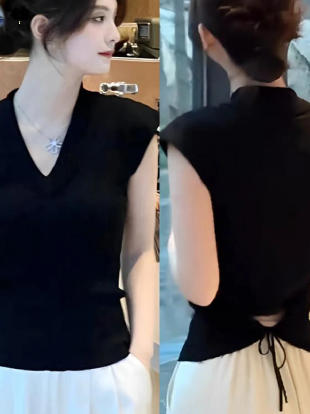 Slimming V-neck Short Sleeve T-shirt Women's Fashion Design Sense Knot Hollow out Shoulder Bore Summer New Style Top