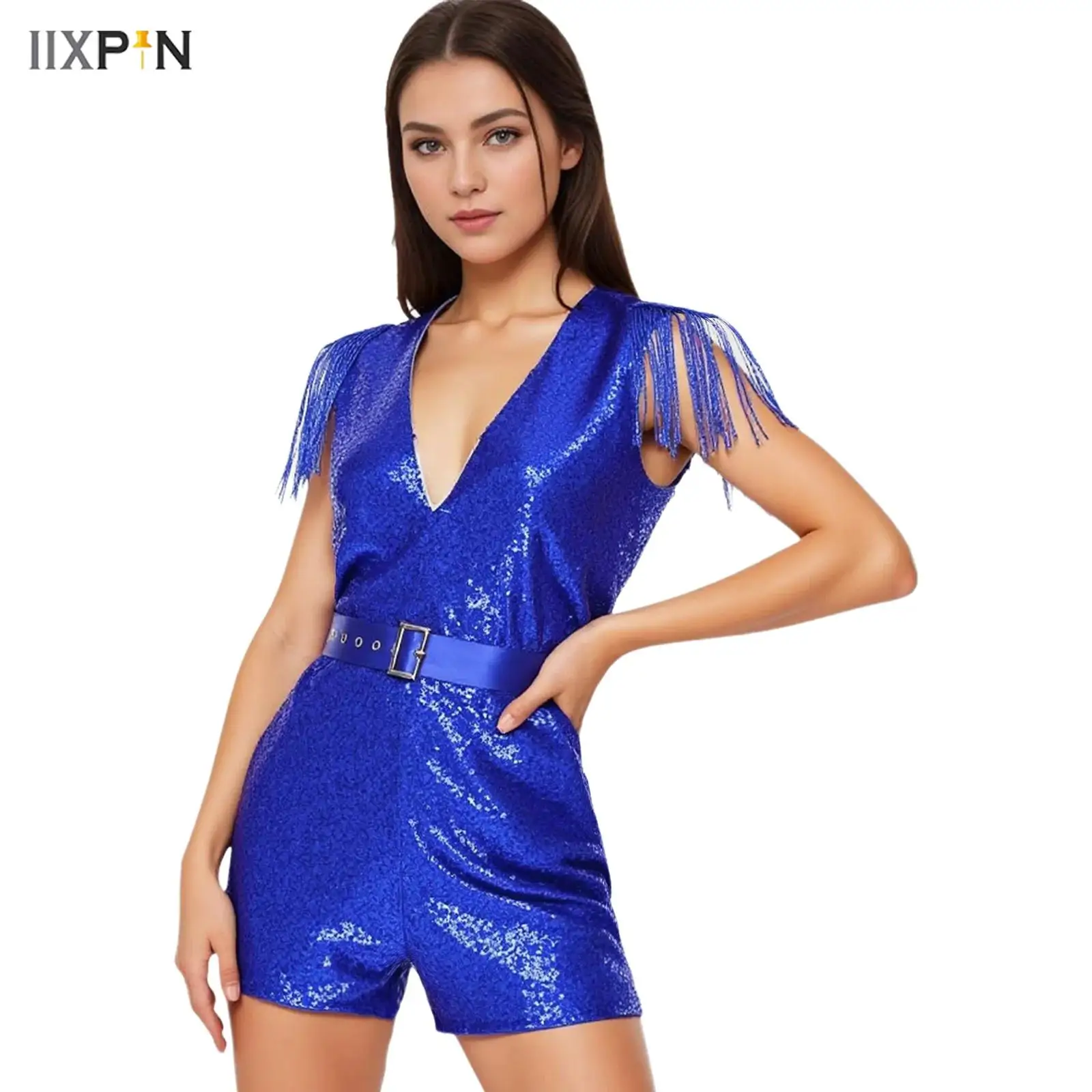 

Women Latin Dancewear V-neck Sleeveless Shiny Sequins Tassels Thigh Length Jumpsuit with Belt for Banquet Pageant Wedding Party