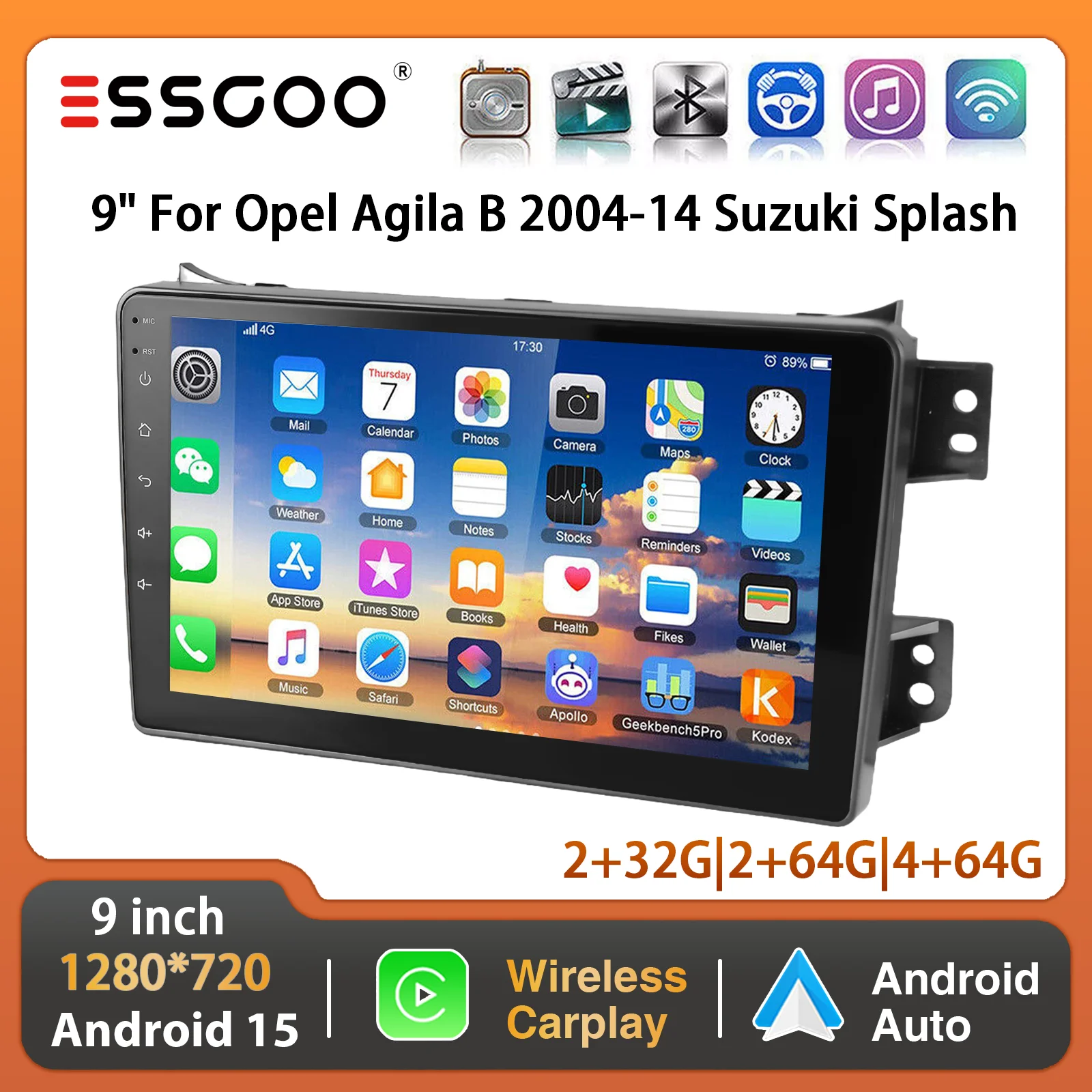 ESSGOO 9-Zoll Android 15 Wireless Carplay Android Auto für Suzuki Splash Agila B 2004-2014 Autoradio GPS NAV WIFI SWC USB BT