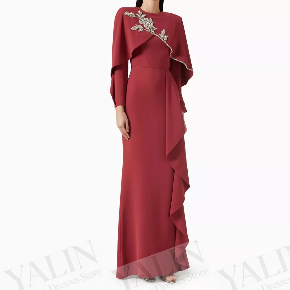 

Women's A-line Evening Dresses Ankle-length O-neck Full Sleeve Prom Gown Fashion Flowers Stole Simple Draped Customized Gowns