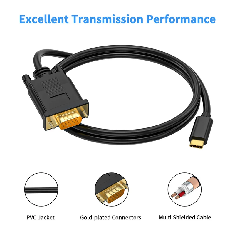 USB Type C 3.1 to VGA Adapter Cable 1080P Type-C Male to VGA Male Video Converter Cable For HDTV Projector Laptop Monitor 1/1.8M