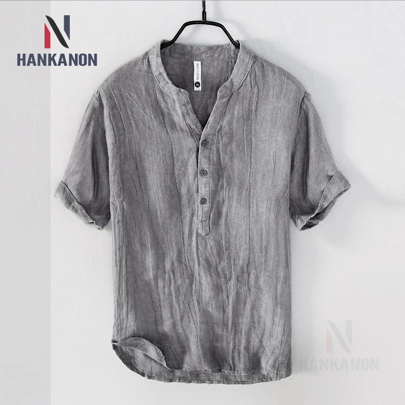 Camiseta Retro de lino 100% para hombre, Top de manga corta, Color sólido, cuello en V, ligeramente arrugado, Original, ecológico