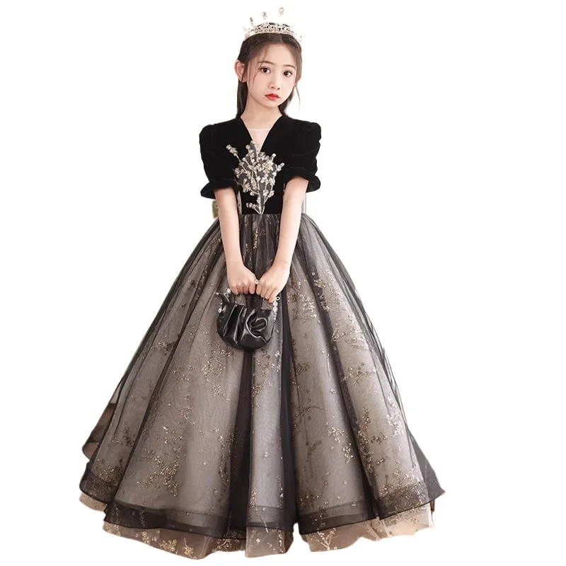 Black Evening Dress Girls Light Luxury Niche High Sense Stage Catwalk Fluffy Princess Dress Piano Performance Clothes