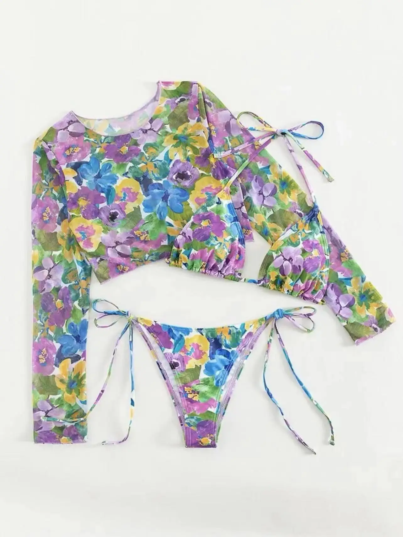 Sexy Purple Flower Print Bikini Sets 3Pcs Halter Tie Swimsuits with Long Sleeve Smock Crop Top Beachwear Bathing Suit Swimwear