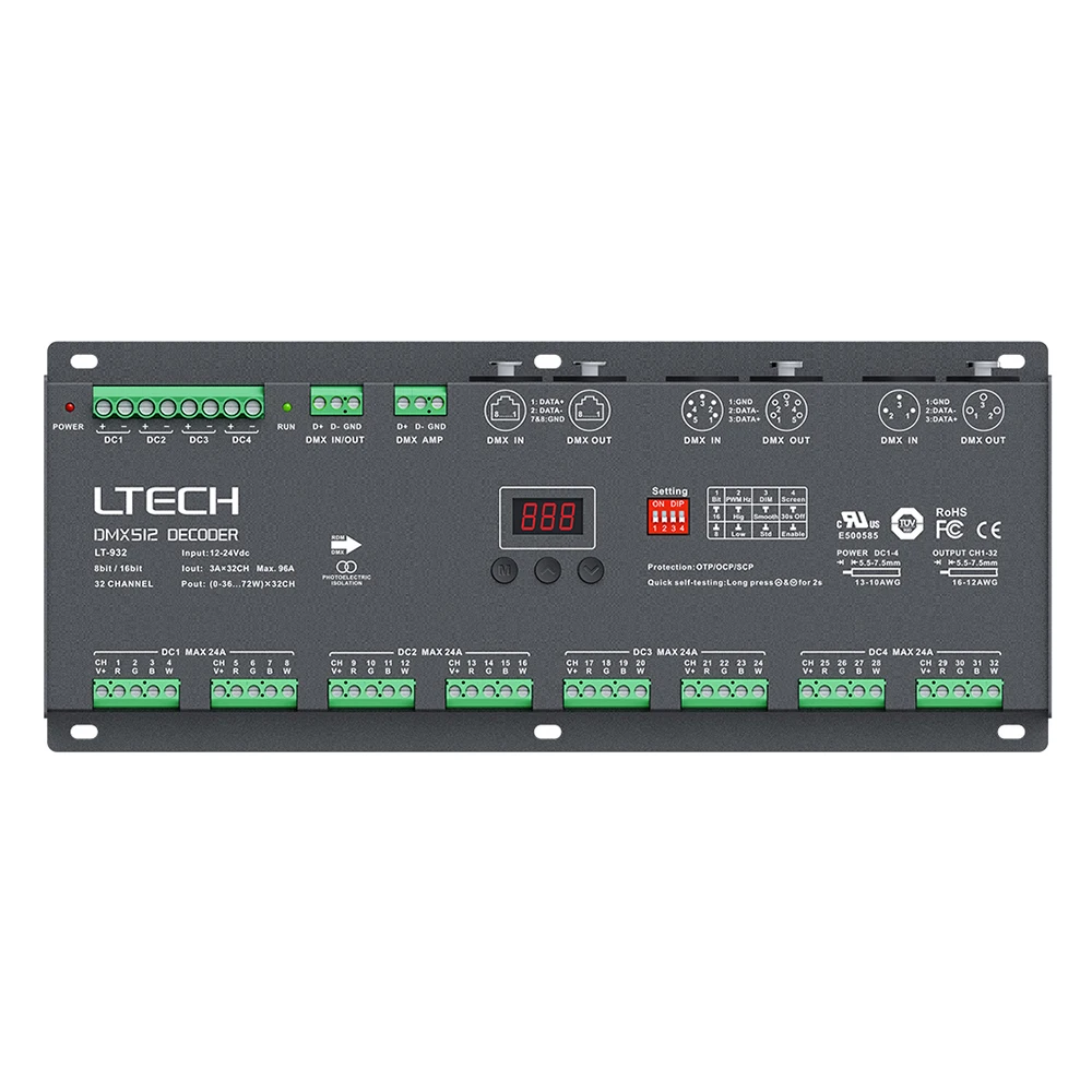 LTECH DMX/RDM CV Decoder DC12-24V 3A/CH 32 Channel 96A(32CH) 24 Channel 72A(24CH) 3-pin XLR, 5-pin XLR, RJ45, Green Terminal