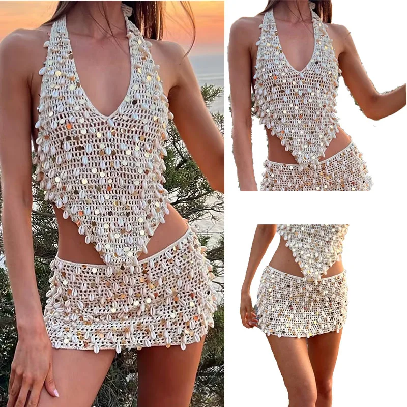 

Sexy Hollow Out Sequined Knitted Skirts Sets Women Halter Sleeveless Top Mini A-line Skirt 2025 Summer Lady Chic Beach Robes New