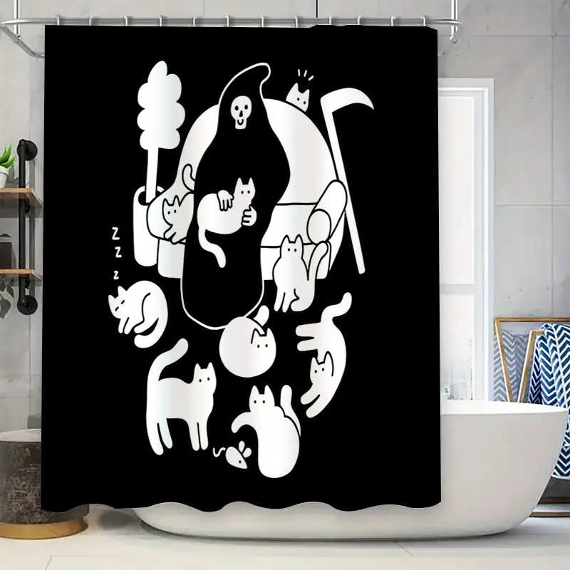 

Cute Cat Pattern Shower Curtain Washable Waterproof Bathroom Decor Farmhouse Style Home Textile Vintage Kitty Design