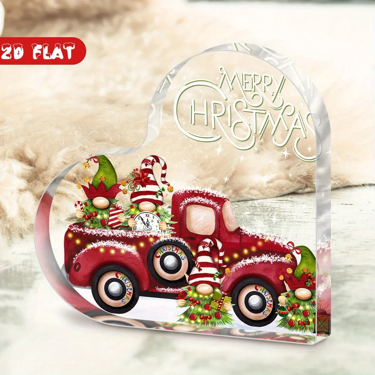 Holiday Gnomes Red Pickup Heart Acrylic Keepsake Plaque, Snowy Xmas Tabletop Decoration,Christmas Gnome Truck Heart Acrylic Sign, Winter Farmhouse Desktop Ornament
