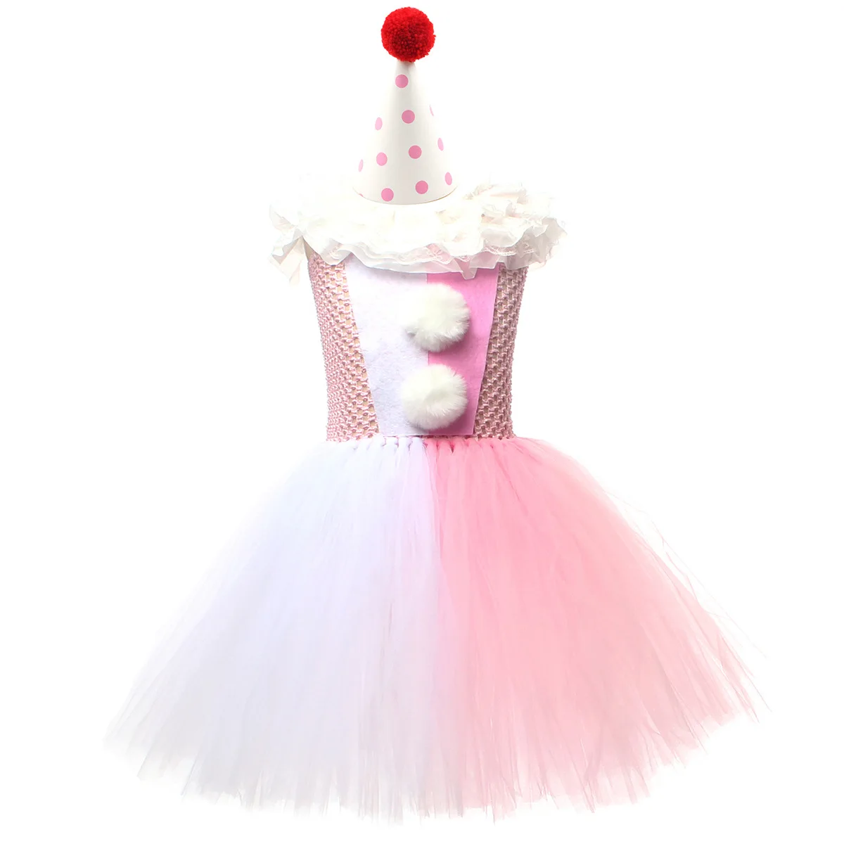 Children New Rainbow Spliced Color Sweet Clown Style Tulle Tutu Dress With Polka Dot Hat Set For Halloween Carnival Party Outfit