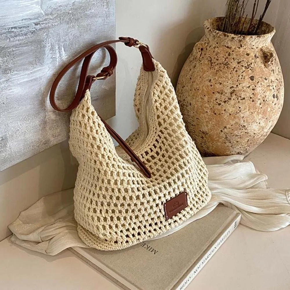 

Solid Color Large Capacity Crochet Tote Bag Lightweight PU Strap Hollow Woven Bag Cotton Korean Style Knitting Handbag Storage