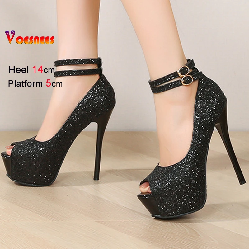 

Черные новые летние женские туфли с блестками, новинка 2023 года, женские туфли-лодочки на тонком высоком каблуке 14 см, платформе 5 см, сандалии с открытым носком и пряжкой на щиколотке