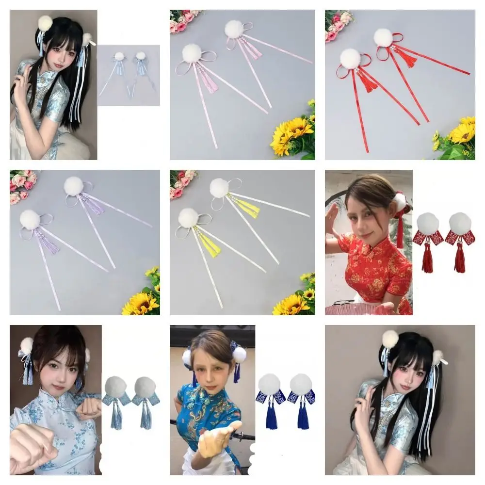 Cloth Chun-Li Hair Bun Clip Tassel Duckbill Clip Bowknot Tassel Hair Clip Hair Accessories Barrettes Chinese Style Hairpin Daily