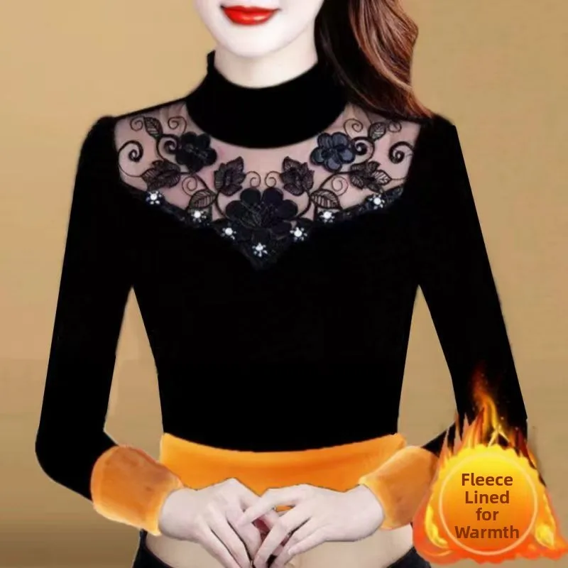 Thickened Fleece Long Sleeve Base Shirt Women's Autumn Winter Yellow Fluffy Lace Mesh Half High Collar plus Size Warm Top