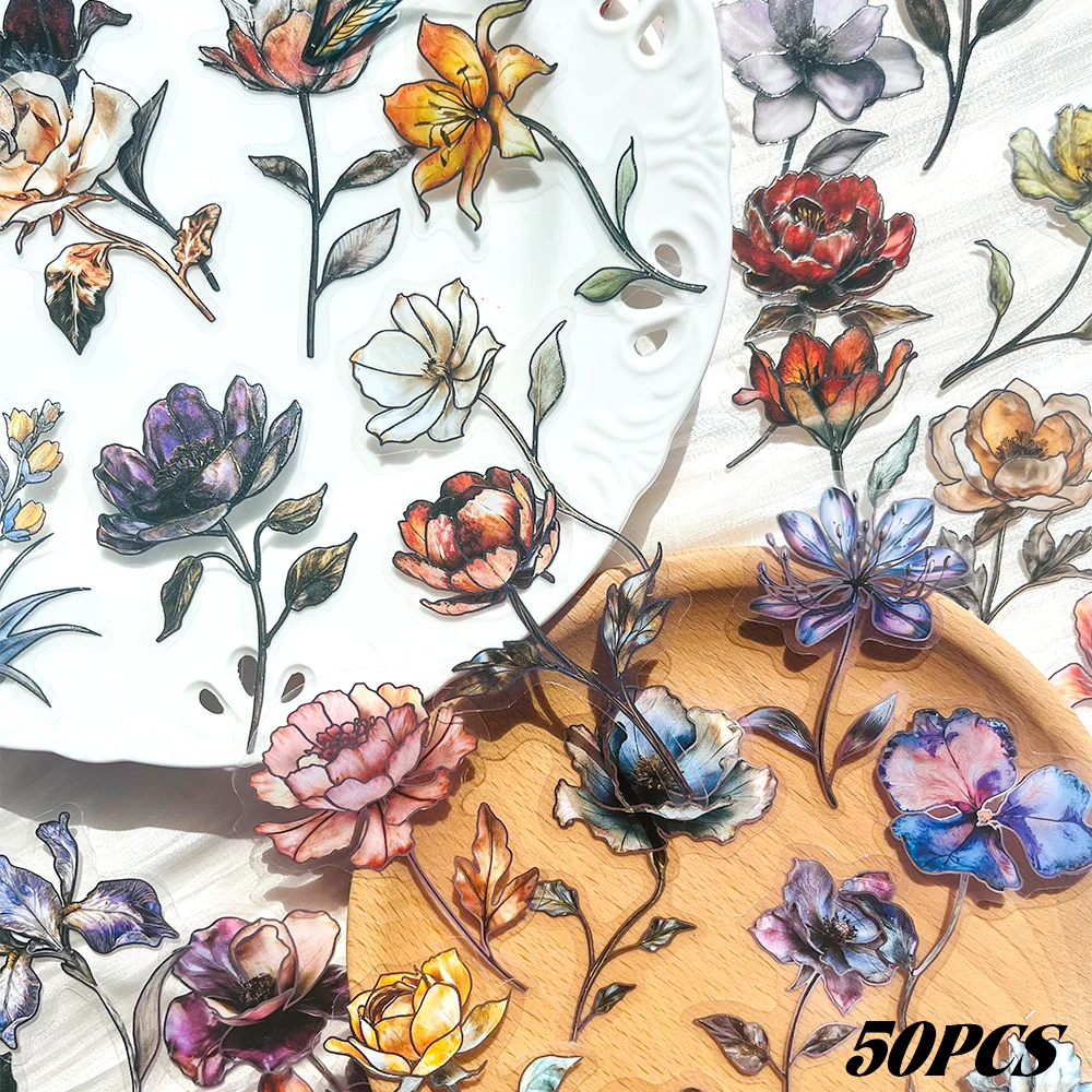 

50pcs Floral Foil-Stamped Craft Stickers for Luggage, Laptops, Scrapbooks, Guitar Decorations, Water Bottles, DIY Decals