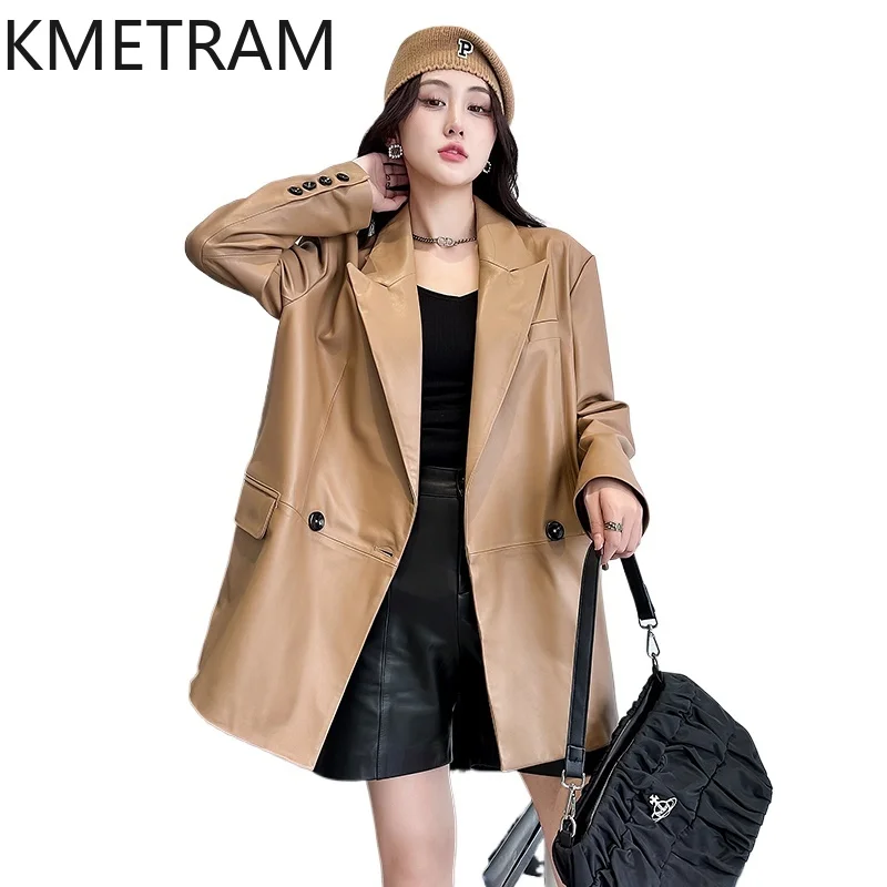 シープスキンジャケット100%トップレイヤー、レディースルーズミドル丈本革スーツジャケット、アウターウェア新作、2025年秋婦人服