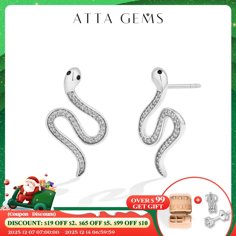 

ATTAGEMS Full moissanite Snake Stud Earring For Women Girls Real 925 Sterling Silver Jewelry Engagement Party Gifts High Quality