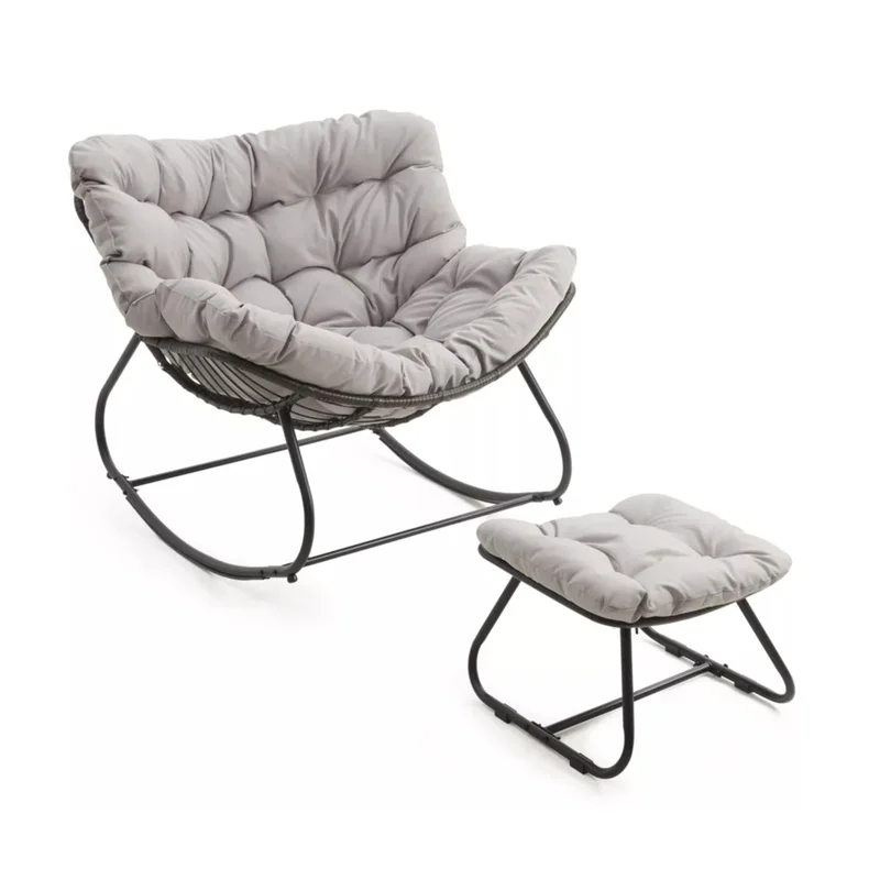 

Light Gray Outdoor Wicker Rocking Chair with Ottoman and Cushions