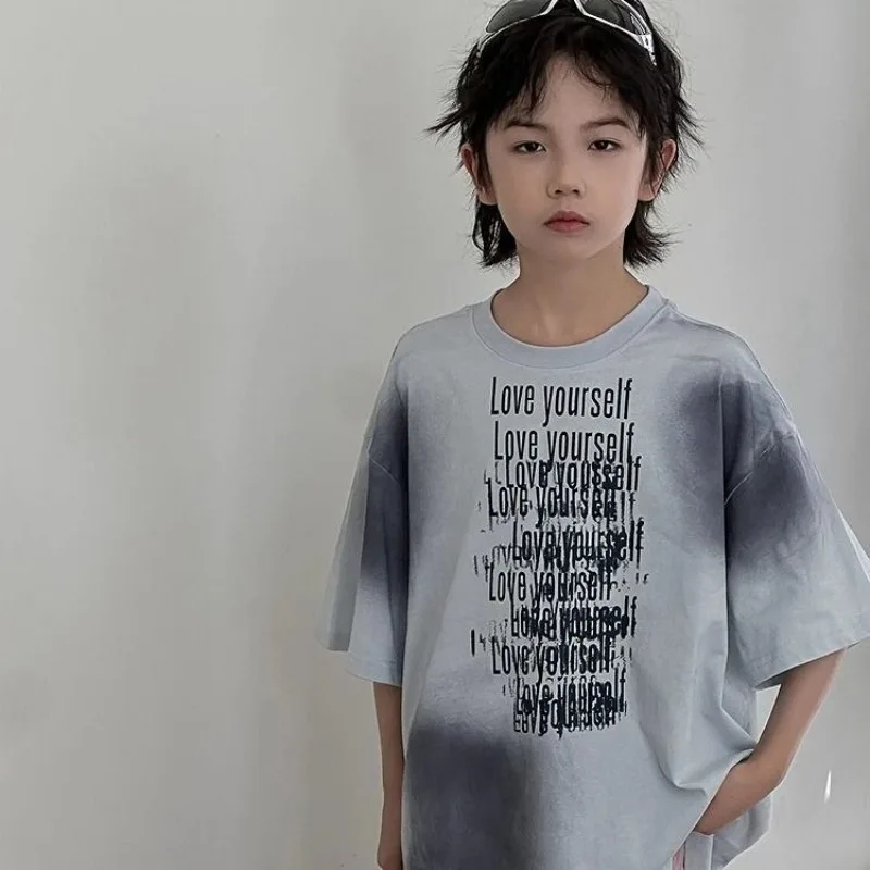 2026 Summer Hong Kong Style Boys' Loose Fit Dyeing Short Sleeve T-Shirt