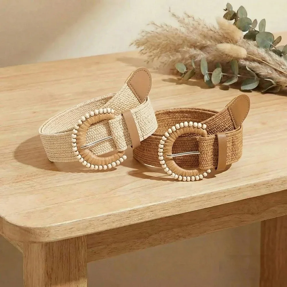 Retro Braided Elastic Belt Bohemian Style Adjustable Needle Buckle Belt Faux Pearl Decor Durable Straw Woven Belt for Women