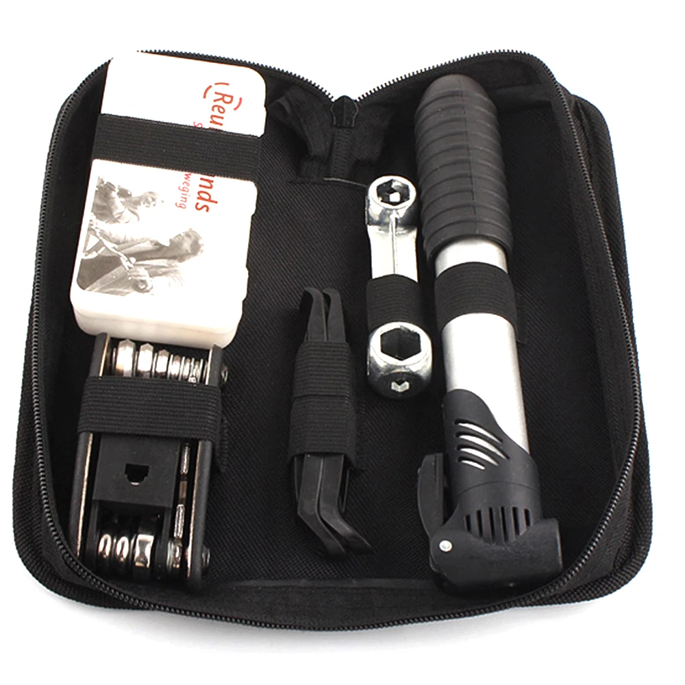 

Сумка для инструментов для велосипеда Многофункциональные складные наборы для ремонта шин с чехлом-насосом, заплатками для бесклеевых шин, аварийный универсальный велосипедный инструмент