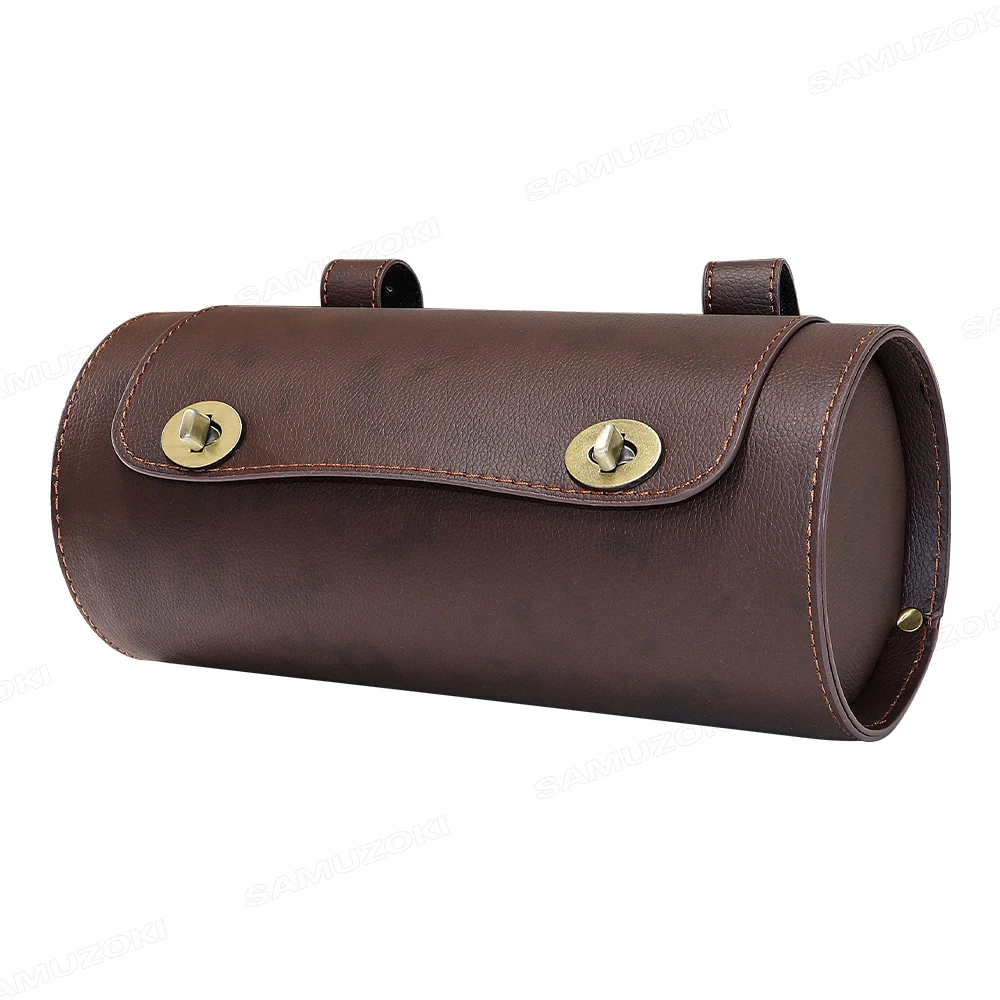 Universal Motorcycle Waterproof PU Leather Retro Cylinder Front and Rear Hanging Bag Tool Storage Bag Saddle Bag Outdoor Travel