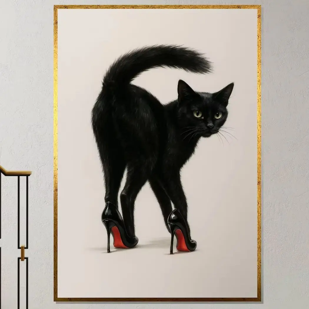 Black Cat Heels Canvas Art, Cat in High Heels, Quirky Cat Wall Print, Animal Canvas Design,Ready to Hang, Unique Home Decoration