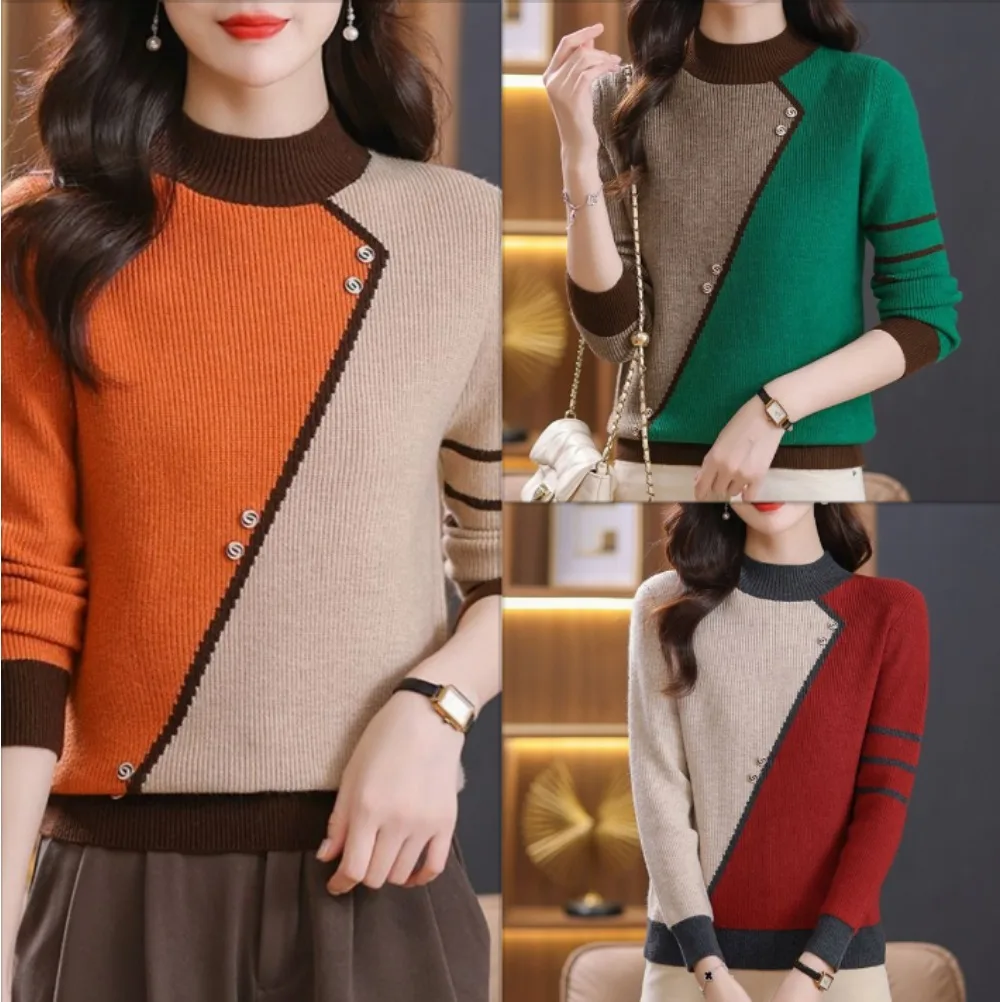 Fashion Half High Neck Sweater Women Patchwork Color Blocked Loose Casual Knit Base Pullover Jumper