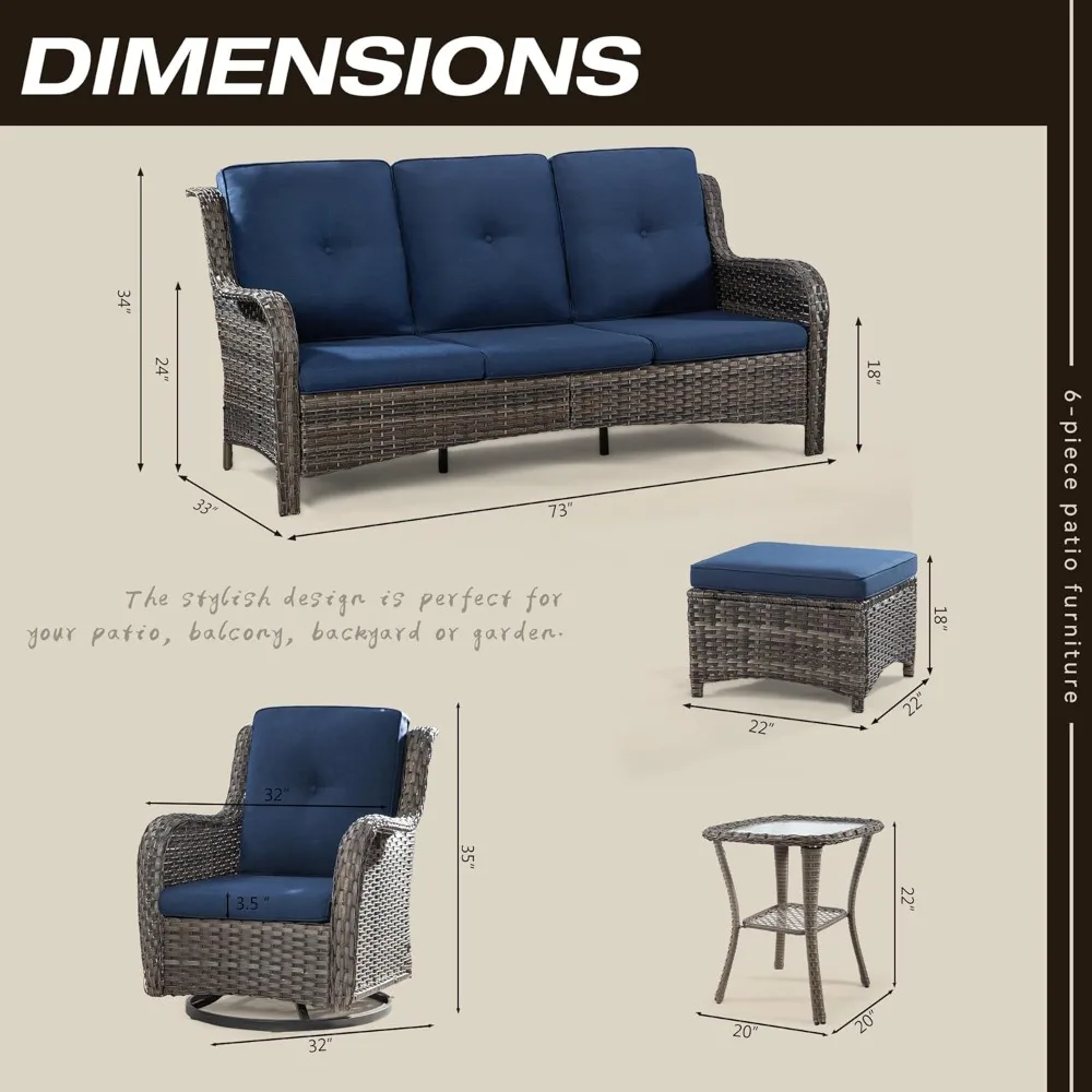 

Wicker Patio Furniture Set 6 Piece Set with 1 Three-Seat Sofa, 2 Swivel Rocker Chairs, 2 Ottomans and 1 Side Table