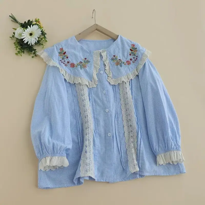 Spring New Japanese Mori Girl Vintage Plaid Embroidery Shirt Women Cute Peter Pan Collar Long Sleeve Casual Loose Tops