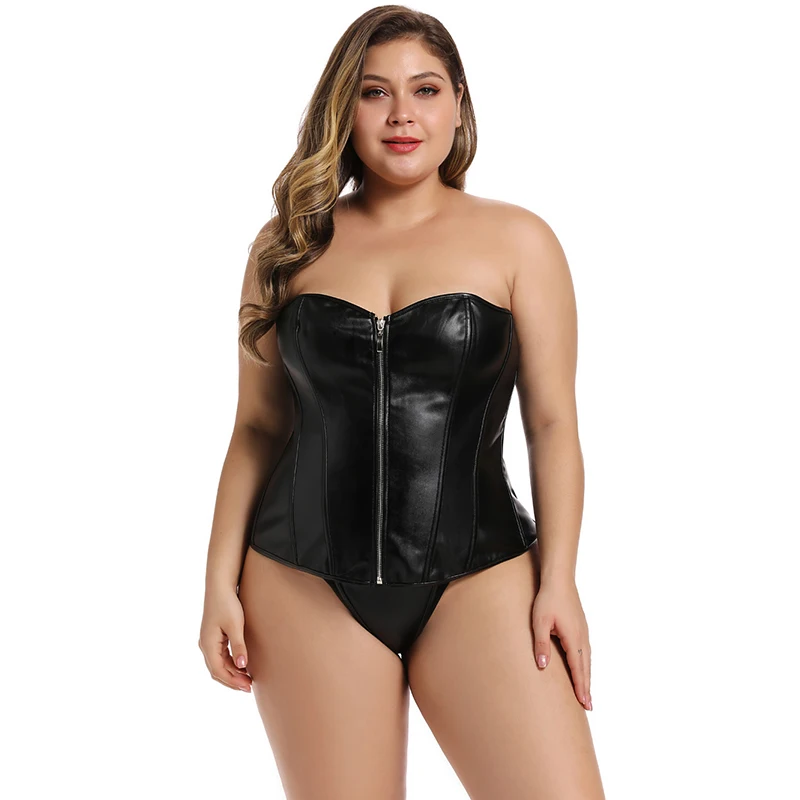 

Black Red Mature Women Push Up Chest Binder Corset Shapewear Synthetic Leather Corsets Zip Top