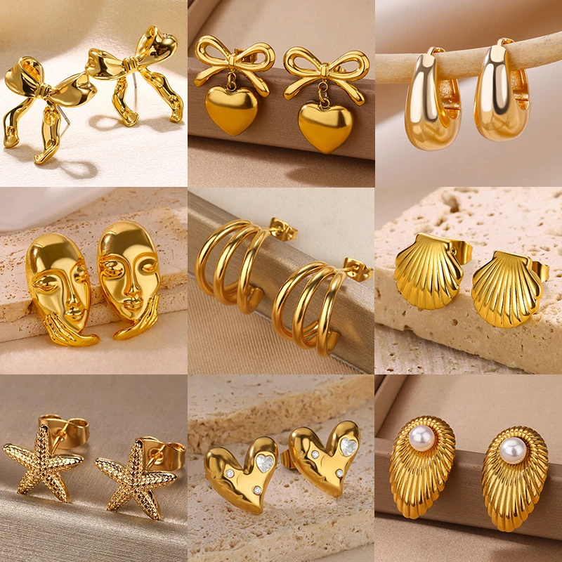 Pendientes de garra geométrica de acero inoxidable para mujer, Color dorado, estrella de mar, corazón, perno prisionero, moda de boda, regalo de