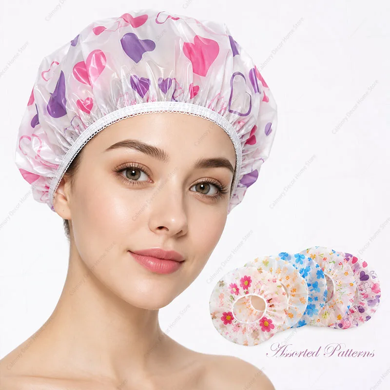 1 Pcs Reusable with Elastic Band Adjustable Printed Shower Caps Waterproof For Women's Spa Salon Cartoon Transparent Shower Cap