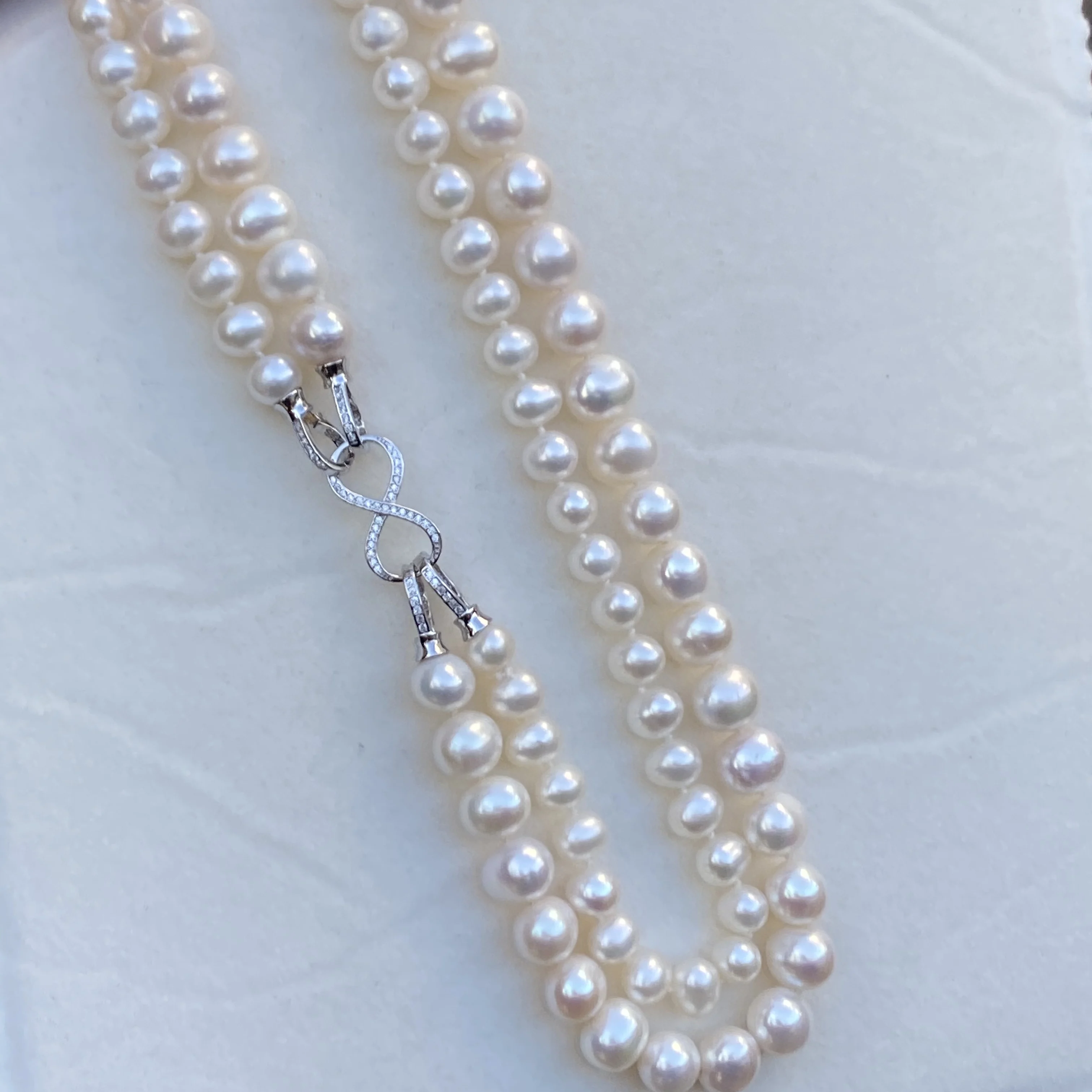 

Detachable Classic Necklace AAA6-7+8-9mm Natural Japanese Pearl Double Layer Necklace 45-48cm/925s