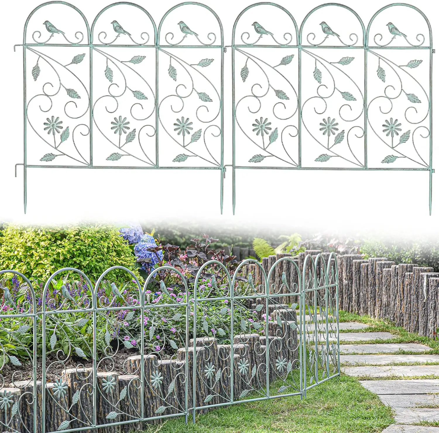 25in x 8ft Metal Garden Fence Border, Rustic Style Decorative Garden Fence Animal Barrier, Landscape Pathway Edge Iron Picket