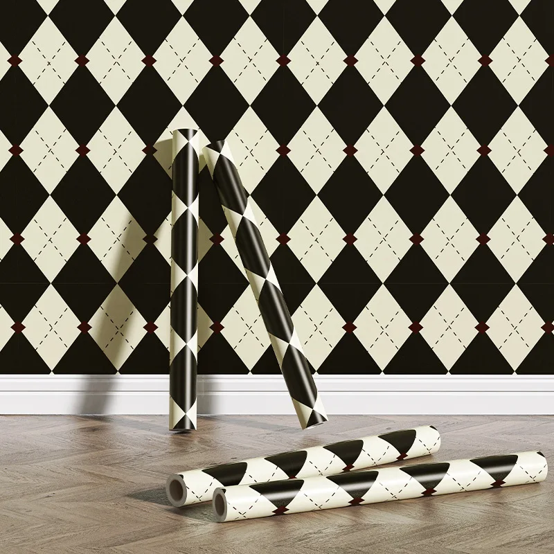 Retro American Geometric Peel And Stick Wallpaper Black/Beige Watercolor Square Lattice Removable Mural for Home Wall Decoration