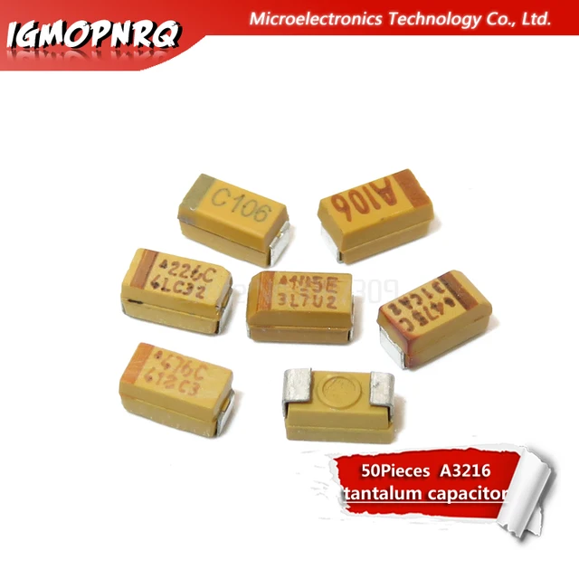 50szt A 3216 16V1UF 16V4.7UF 16V10UF 16V22UF 10V10UF 25V1UF 16V47UF Kondensator tantalowy SMD