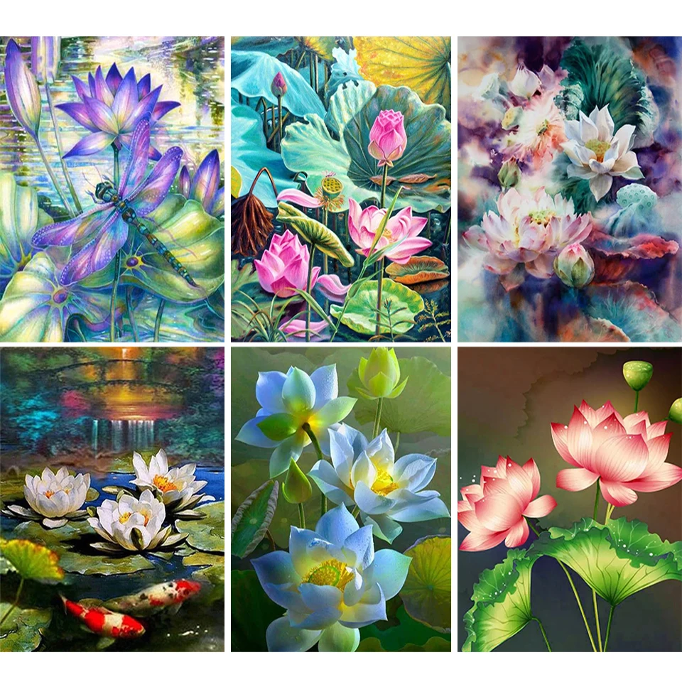 DIY 5D Diamond Painting Lotus Flower Full Diamond Mosaic Crystal Art Piece Cross Stitch Complete Kit Still Life Home Decor Gift