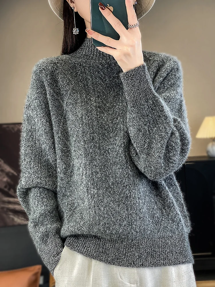 New Women Thick Sweater Autumn Winter Mock Neck Long Sleeve Pullover 100% Merino Wool Twist  Cashmere Knitted Female Clothes