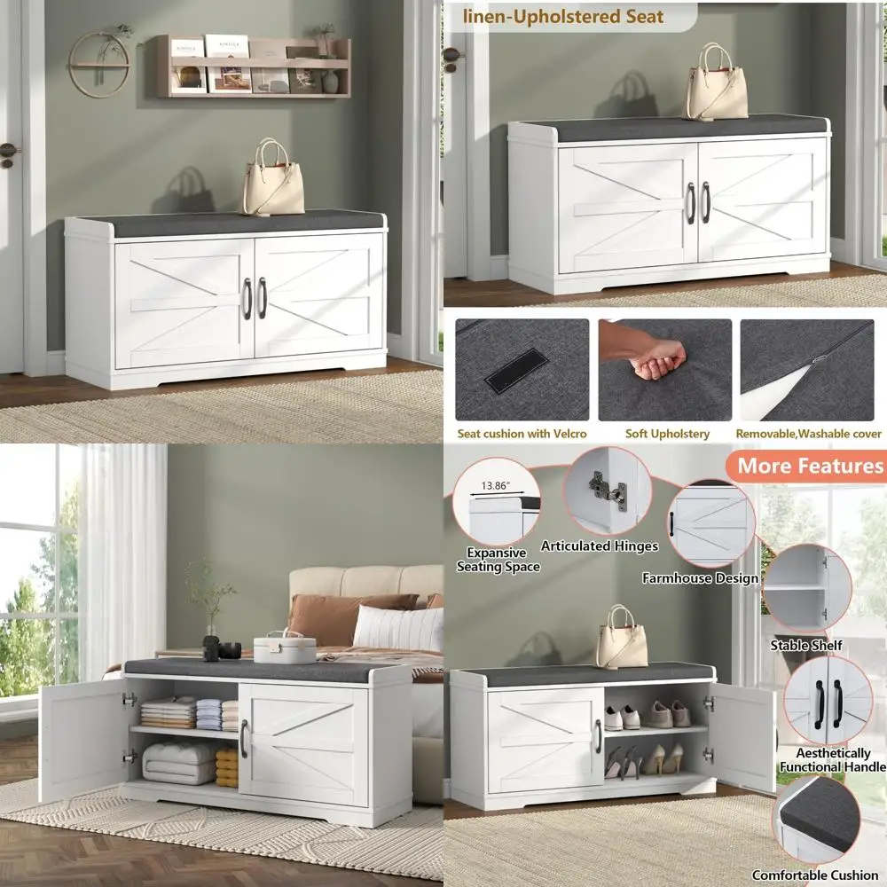 

2-Tier Farmhouse Style Entryway Shoe Storage Bench with Padded Seat, Slim Cabinet, 13.78 Deep x 39.37 Wide x 19.69 High, Space-S