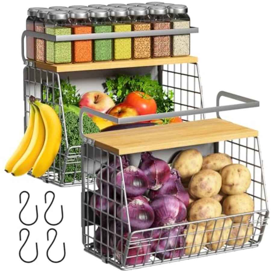 

Magnetic Fridge Shelf with Wood Lid Fruit Potato Onion Storage Bins Pantry Organizers Large Container Spice Rack for Refrigerat
