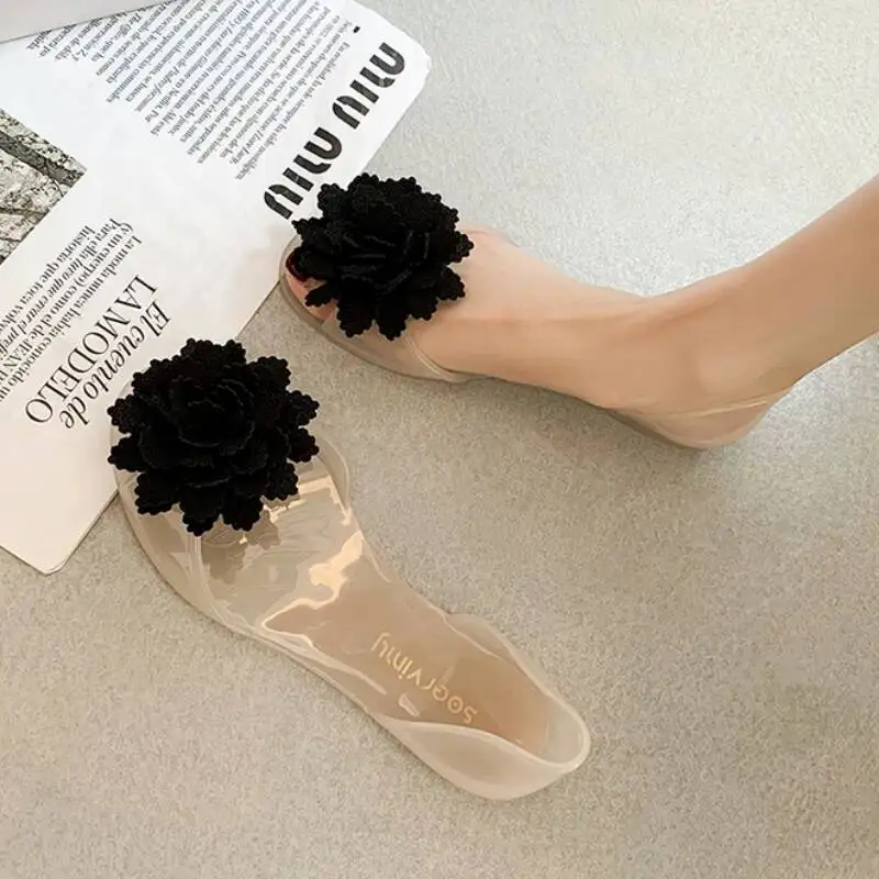 

2026 Summer Floral Peep Toe Jelly Sandals Women Waterproof Flat Slip On Hollow Out Non Slip Casual Beach Rain Shoes