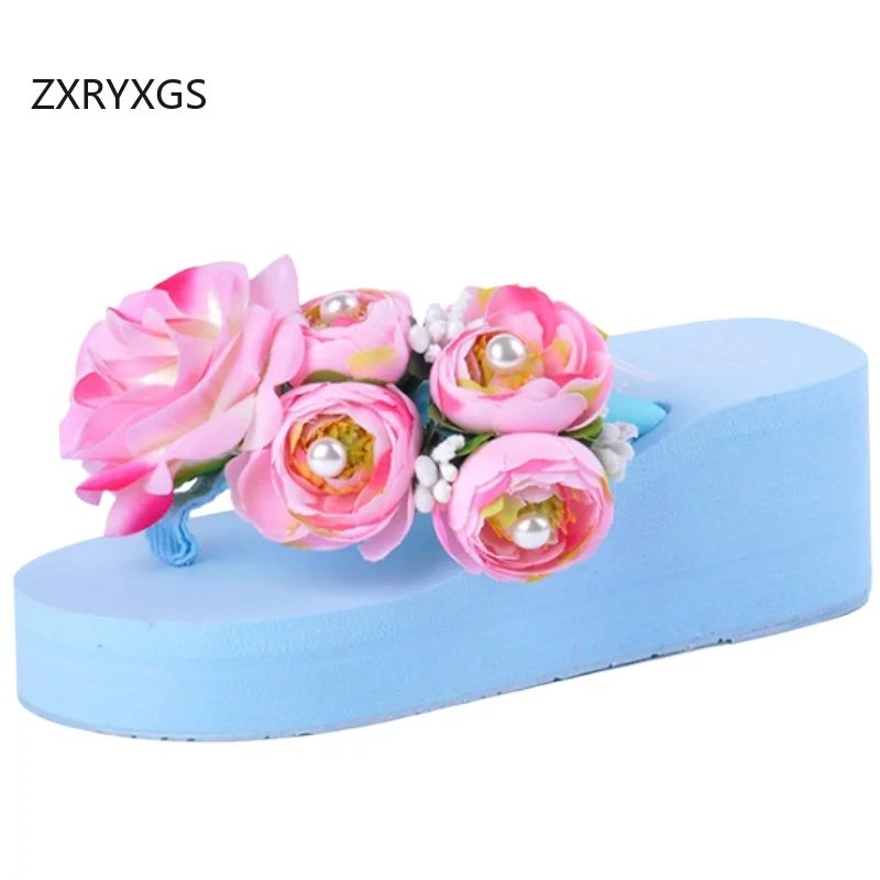 

ZXRYXGS 2025 New Trendy Pearl Flowers Shoes Summer Flip Flops Ladies Platform Non-slip Wedges Slippers Women Fashion Sandals