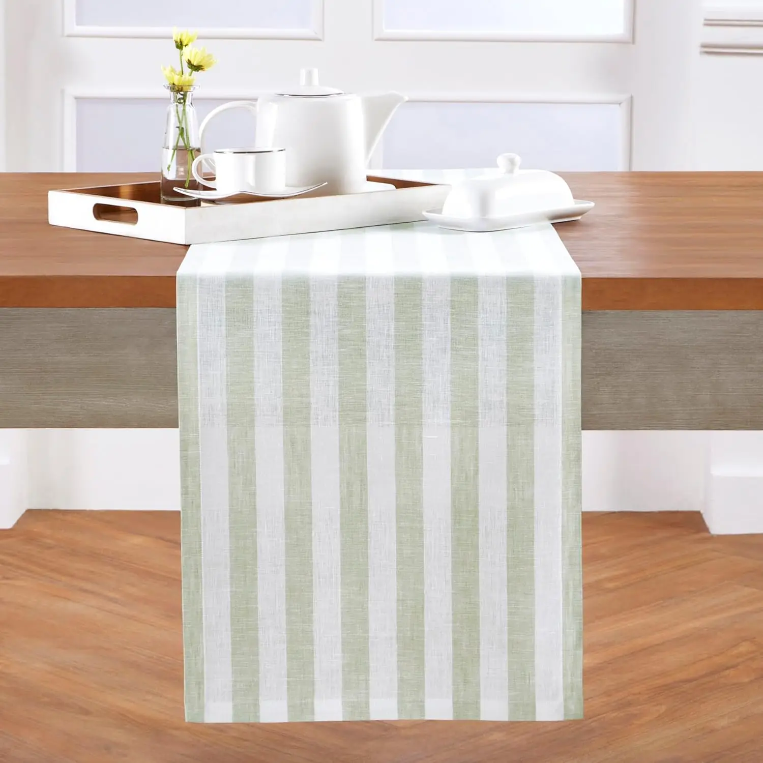 

100% Pure Linen Table Runner 120 x 14 Inch - Sage White Stripe, Long Dining Runner for 10-12 Seats, Spring Summer Decor