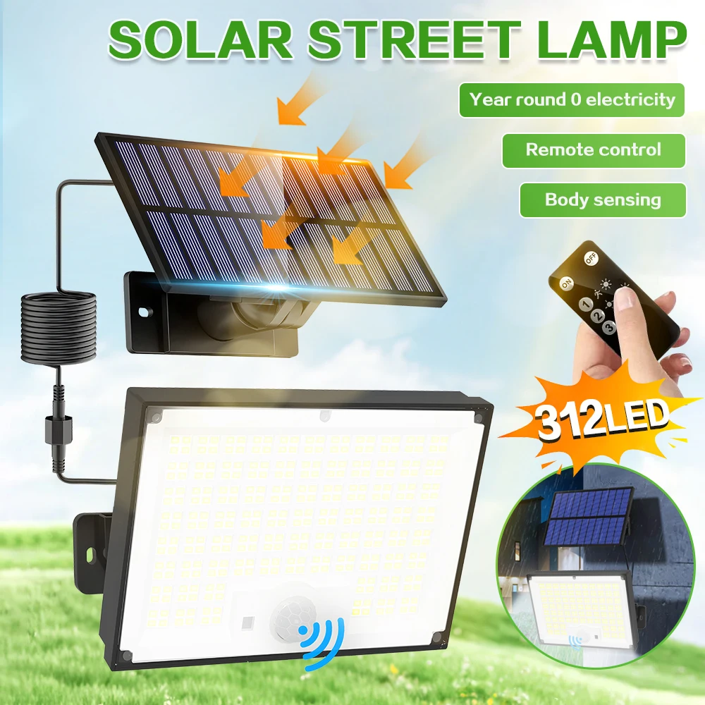 

Солнечные уличные светильники 312LED с датчиком движения, сверхъяркие солнечные прожекторы, настенные светильники с пультом дистанционного управления, водонепроницаемые, 3 режима, для патио и сада