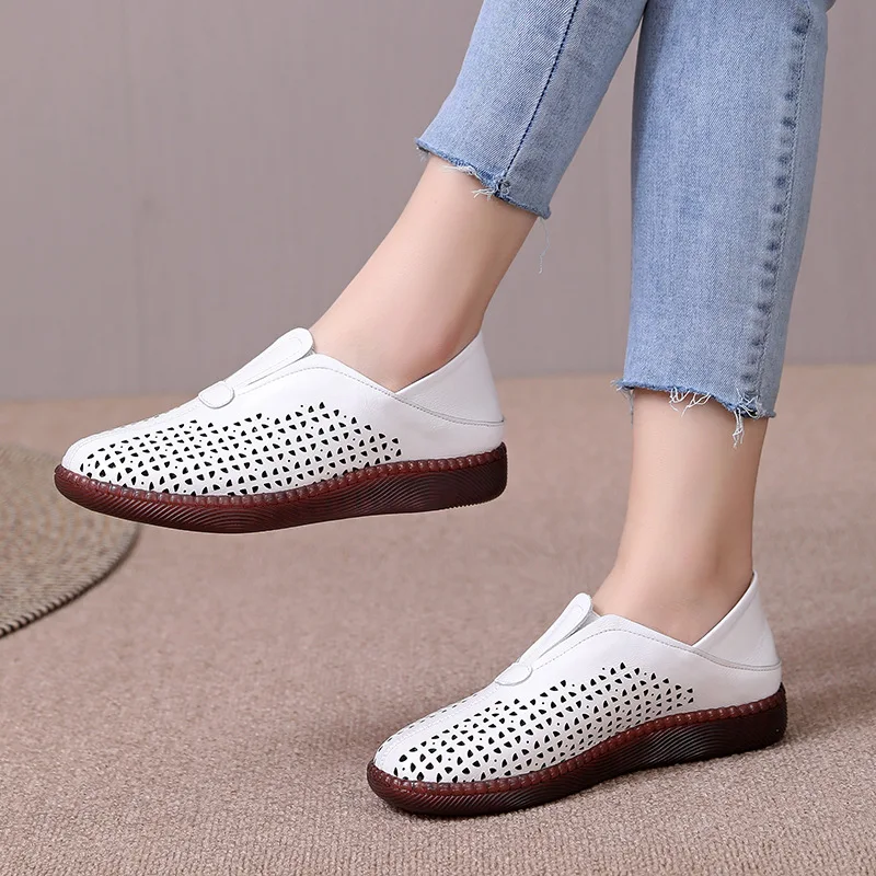 GKTINOO 2024 New Spring Summer Genuine Leather Shoes Flat Hollow Breathable Sandals Casual Shoes Woman Flats Large Size