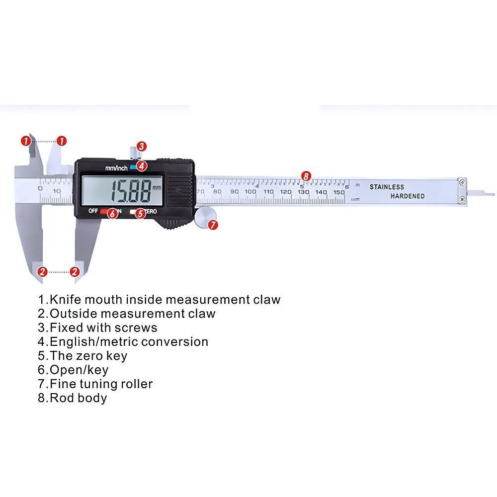 Vernier Metric Digital Caliper with LCD Display 0-6 inch / 150mm Stainless Steel Electronic Depth Gauge Measuring Tools