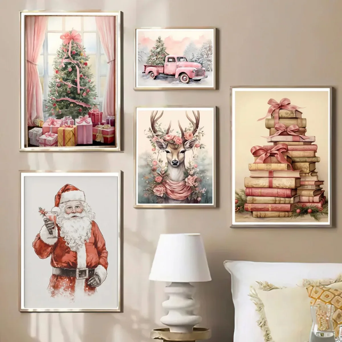 خمر الوردي عيد الميلاد المشارك اللوحة الوردي الزنجبيل منزل الرنة سانتا الرسم على لوحات القماش الجدارية طباعة غرفة المعيشة ديكور المنزل هدية