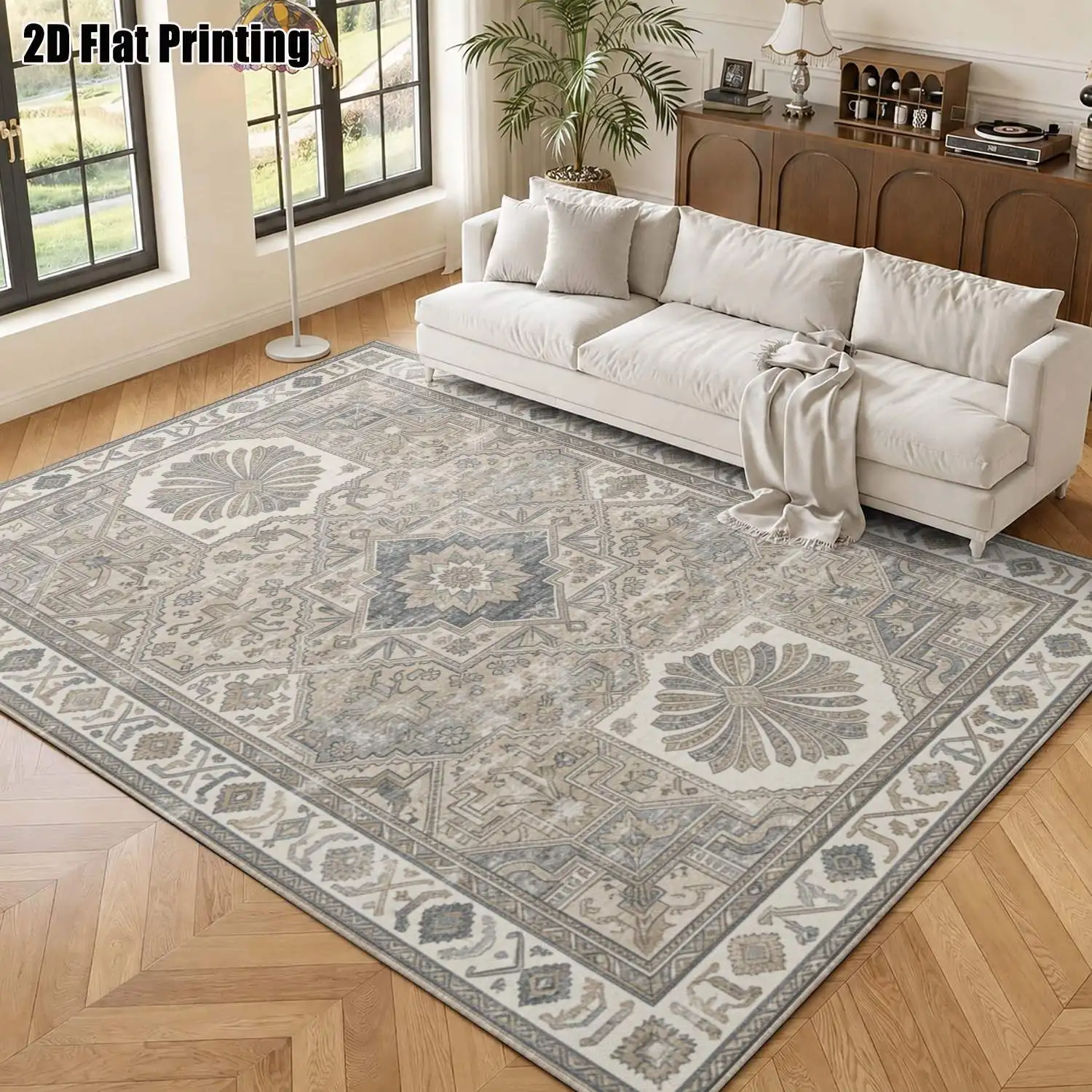 1Pc 2D Printed Beige-Blue Retro Floral Geometric Carpet, European Boho Style, Machine Washable, Multi-Size, for Home Decor, Entrance/Dining/Bedroom/Living Room