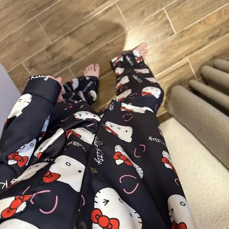 Kawaii سانريو مرحبا كيتي أنيمي جديد 2 قطعة/المجموعة بيجامة الكرتون طويلة الأكمام السراويل السوداء المنزل/في الهواء الطلق المتسكعون ملابس المنزل 2025