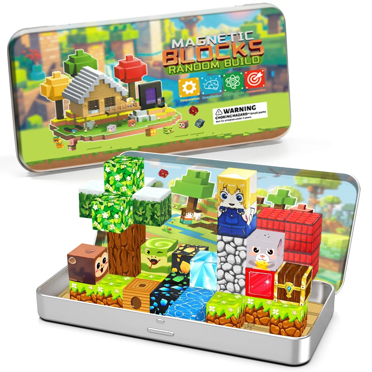 35 قطعة ألعاب مكعبات البناء المغناطيسية مع صندوق حديد محمول ألعاب مغناطيسية تعليمية للأطفال الأولاد والبنات هدايا